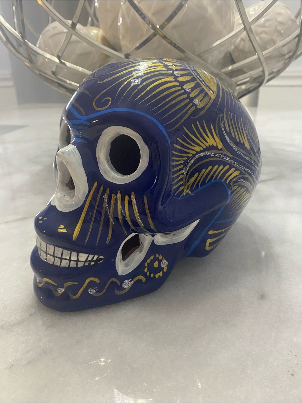 Blue Sugar Skull Ceramic Day of the Dead Skull with Gold Accents